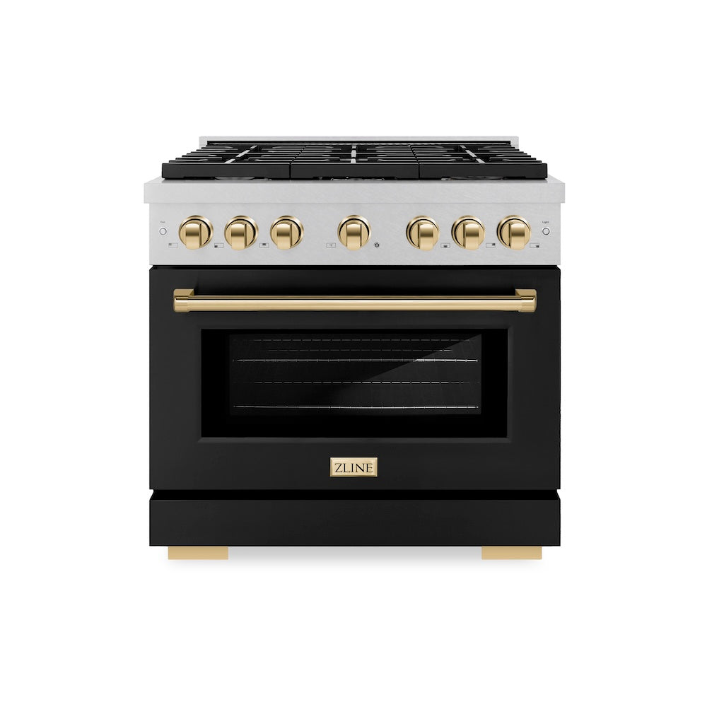 ZLINE Autograph Edition Paramount 36-inch range in satin stainless steel with black matte door and polished gold accents SDRSZ-BLM-36-G, front view