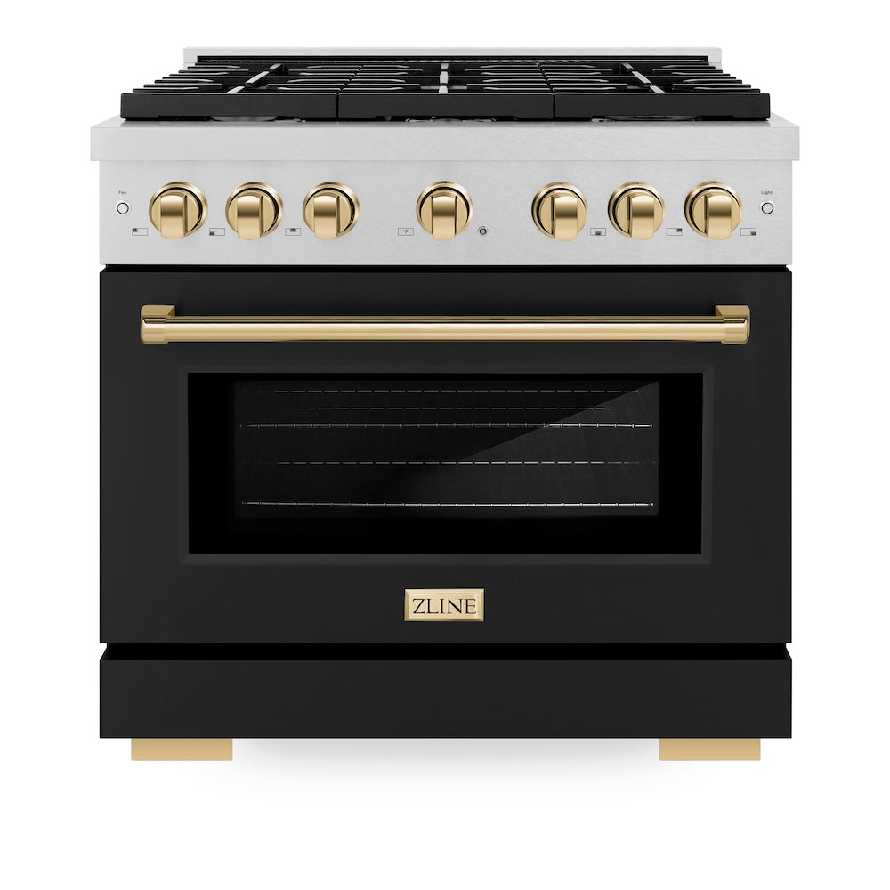 ZLINE Autograph Edition Paramount 36-inch range in satin stainless steel with black matte door and polished gold accents SDRSZ-BLM-36-G, front view