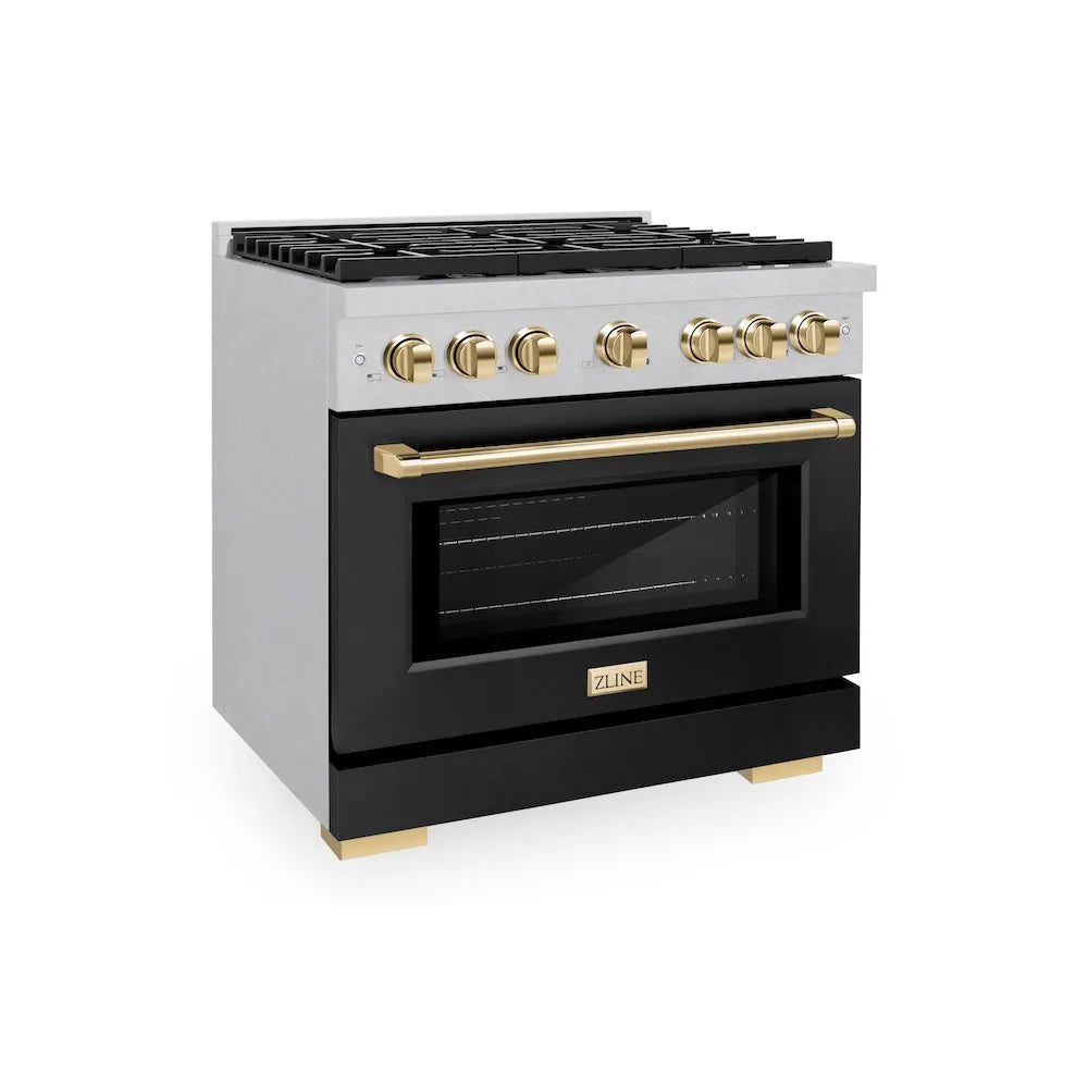 ZLINE Autograph Edition Paramount 36-inch range in satin stainless steel with black matte door and polished gold accents SDRSZ-BLM-36-G