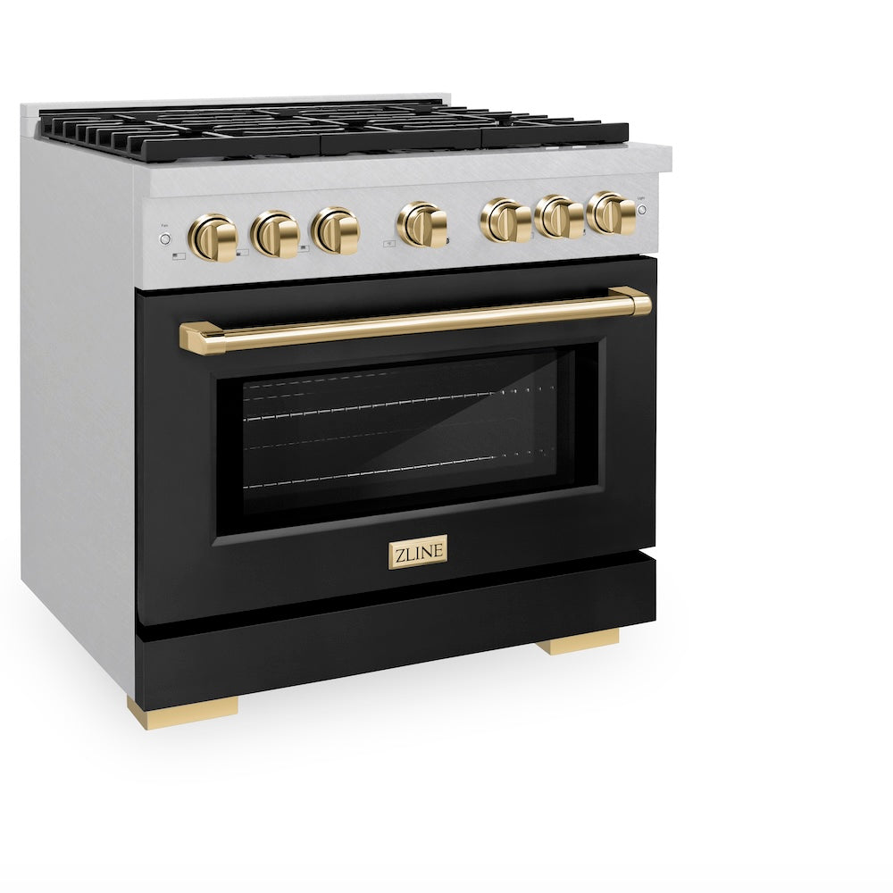 ZLINE Autograph Edition Paramount 36-inch range in satin stainless steel with black matte door and polished gold accents SDRSZ-BLM-36-G, view 5