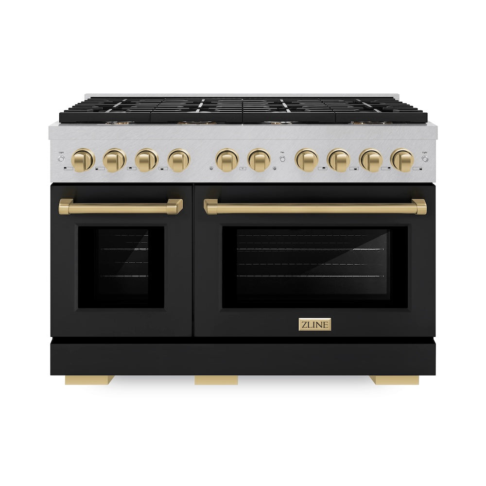 ZLINE Autograph Edition Paramount 48-inch range in satin stainless steel with black matte door and champagne bronze accents SDRSZ-BLM-48-CB, front view