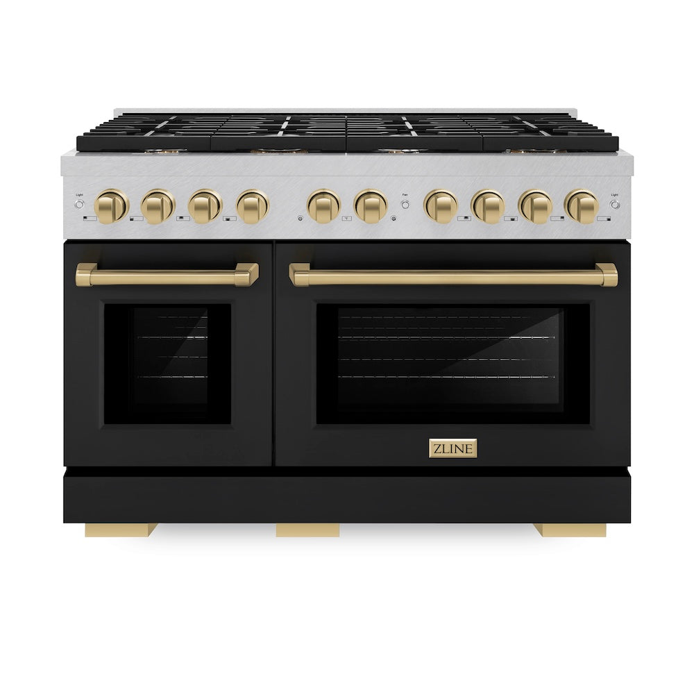 ZLINE Autograph Edition Paramount 48-inch range in satin stainless steel with black matte door and champagne bronze accents SDRSZ-BLM-48-CB, front view