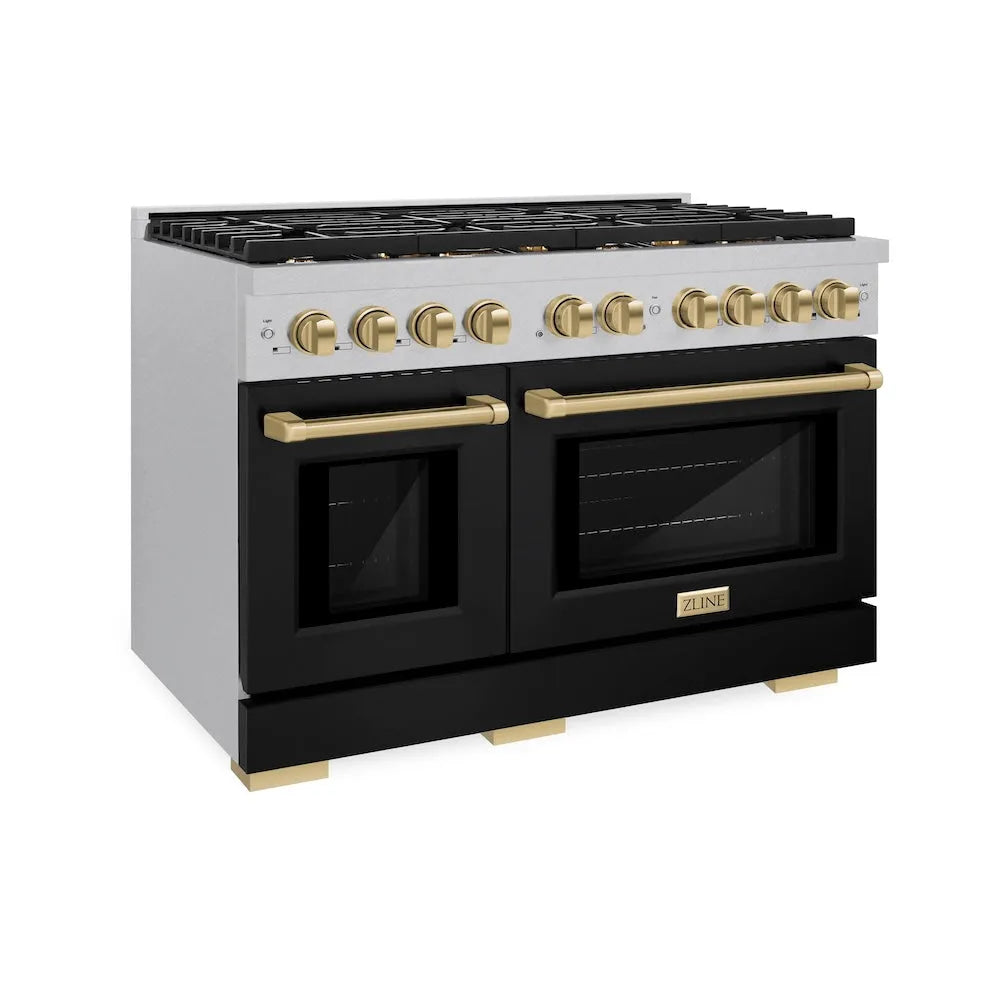 ZLINE Autograph Edition Paramount 48-inch range in satin stainless steel with black matte door and champagne bronze accents SDRSZ-BLM-48-CB