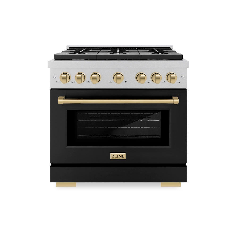 ZLINE Autograph Edition Paramount 36-inch range in satin stainless steel with black matte door and champagne bronze accents SGRSZ-BLM-36-CB, front view
