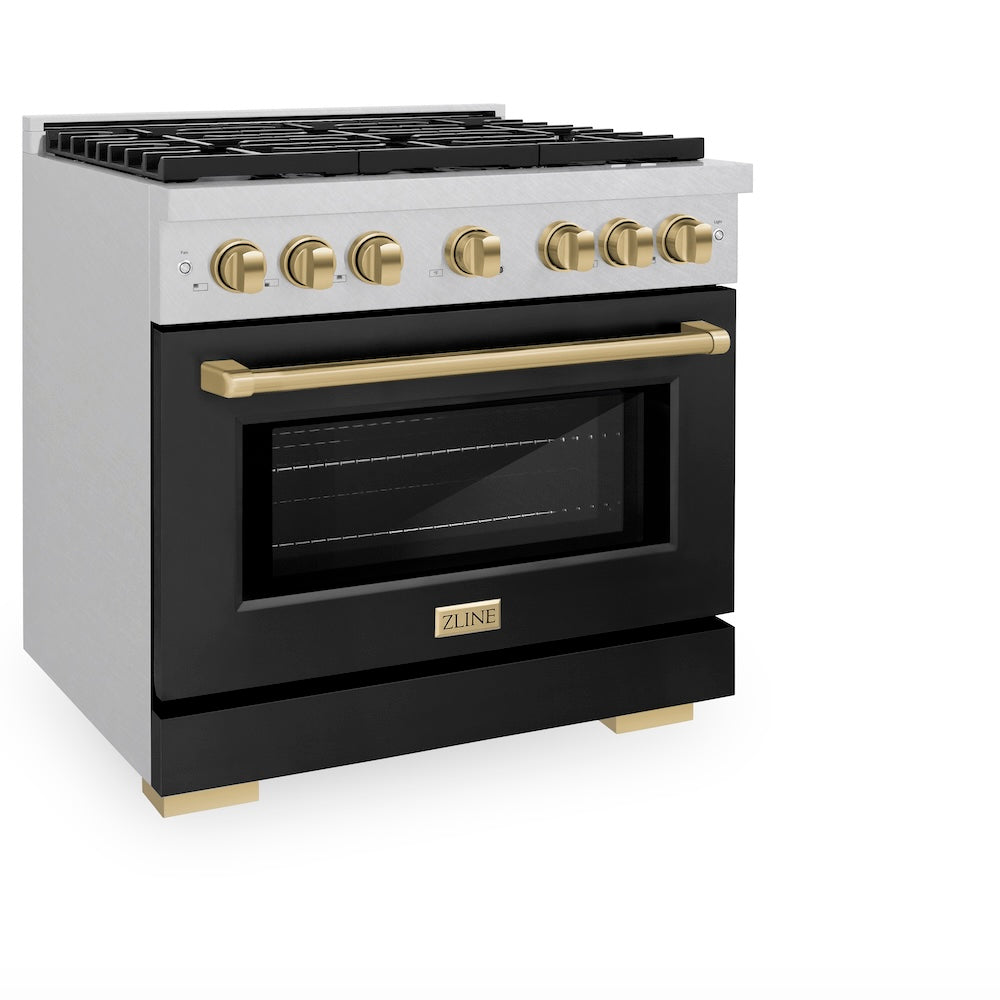 ZLINE Autograph Edition Paramount 36-inch range in satin stainless steel with black matte door and champagne bronze accents SGRSZ-BLM-36-CB, view 5