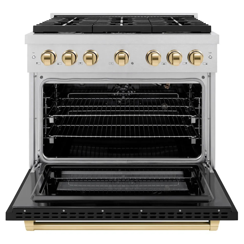 ZLINE Autograph Edition Paramount 36-inch range in satin stainless steel with black matte door and polished gold accents SGRSZ-BLM-36-G, front view