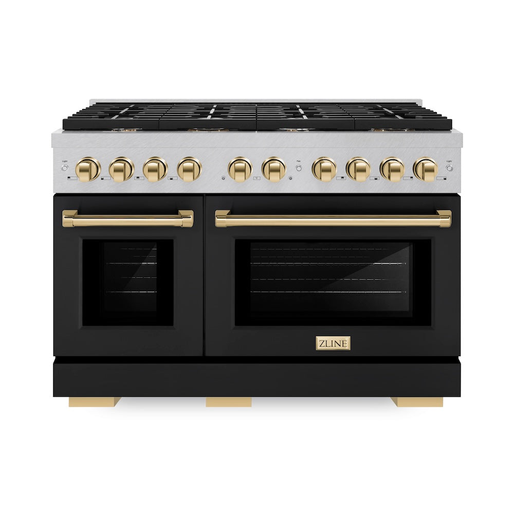 ZLINE Autograph Edition Paramount 48-inch range in satin stainless steel with black matte door and polished gold accents SGRSZ-BLM-48-G, front view