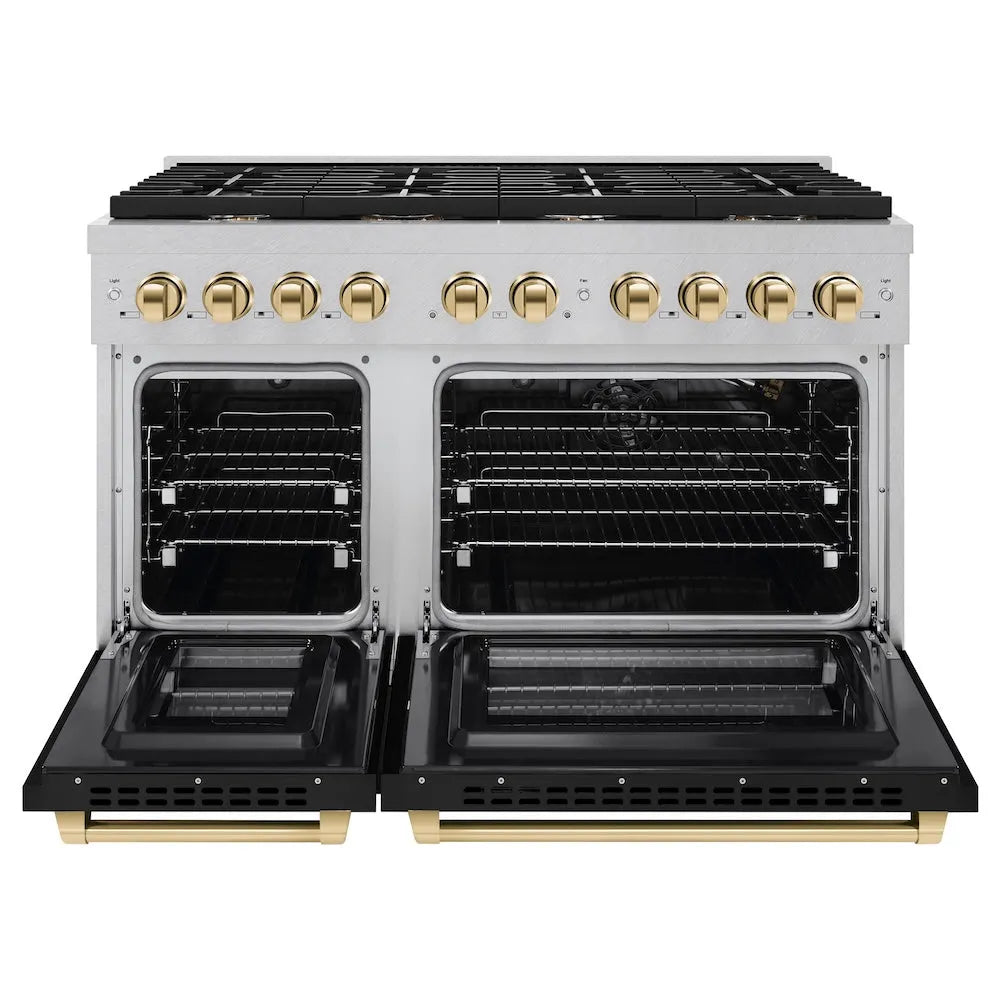 ZLINE Autograph Edition Paramount 48-inch range in satin stainless steel with black matte door and polished gold accents SGRSZ-BLM-48-G, front view