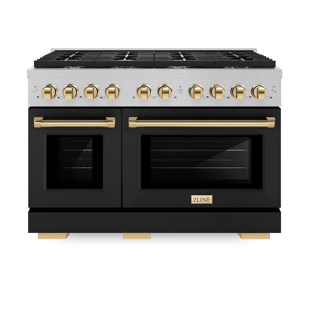 ZLINE Autograph Edition Paramount 48-inch range in satin stainless steel with black matte door and polished gold accents SGRSZ-BLM-48-G, front view