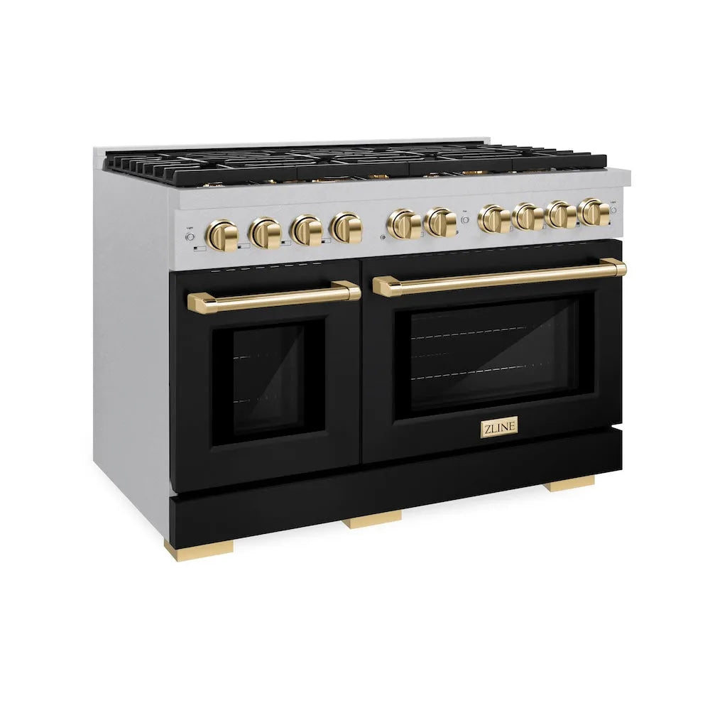 ZLINE Autograph Edition Paramount 48-inch range in satin stainless steel with black matte door and polished gold accents SGRSZ-BLM-48-G