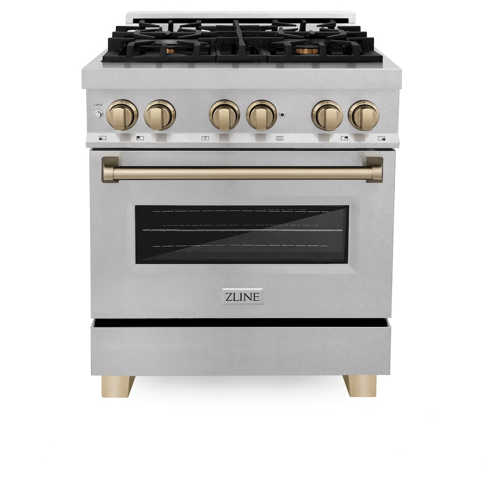 ZLINE Autograph Edition Legacy 30-inch range in satin stainless steel and champagne bronze accents RASZ-SN-30-CB, front view