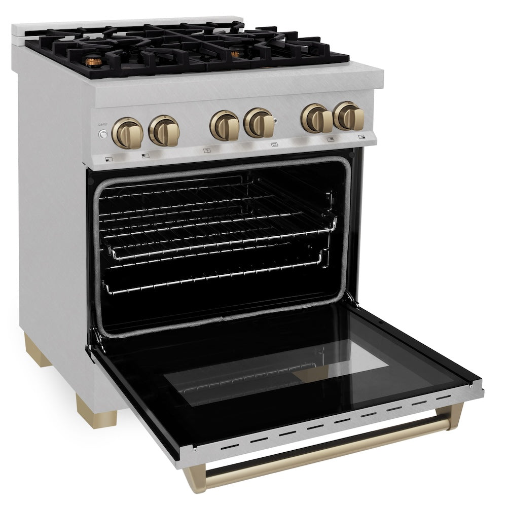 ZLINE Autograph Edition Legacy 30-inch range in satin stainless steel and champagne bronze accents RASZ-SN-30-CB, door open