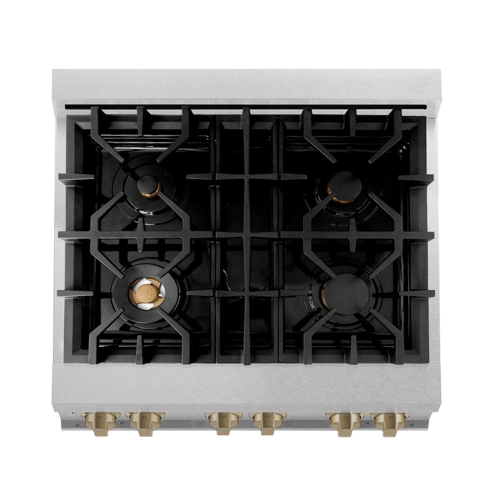 ZLINE Autograph Edition Legacy 30-inch range in satin stainless steel and champagne bronze accents RASZ-SN-30-CB, from above