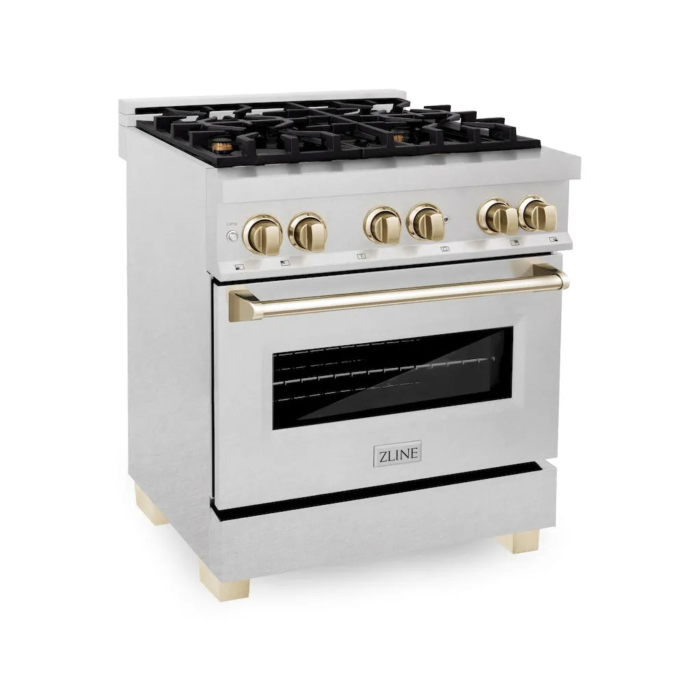 ZLINE Autograph Edition Legacy 30-inch range in satin stainless steel and polished gold accents RASZ-SN-30-G