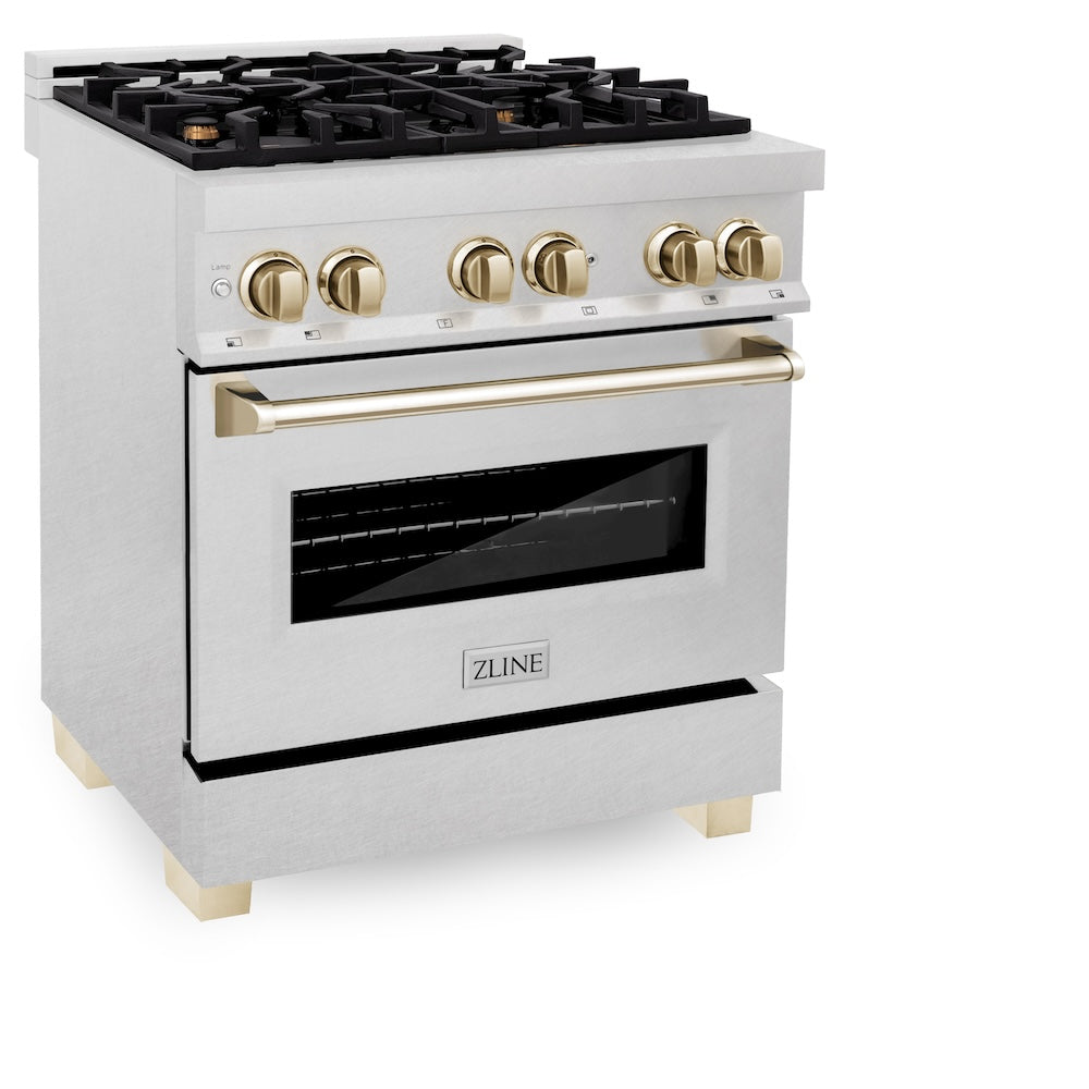ZLINE Autograph Edition Legacy 30-inch range in satin stainless steel and polished gold accents RASZ-SN-30-G, view 4