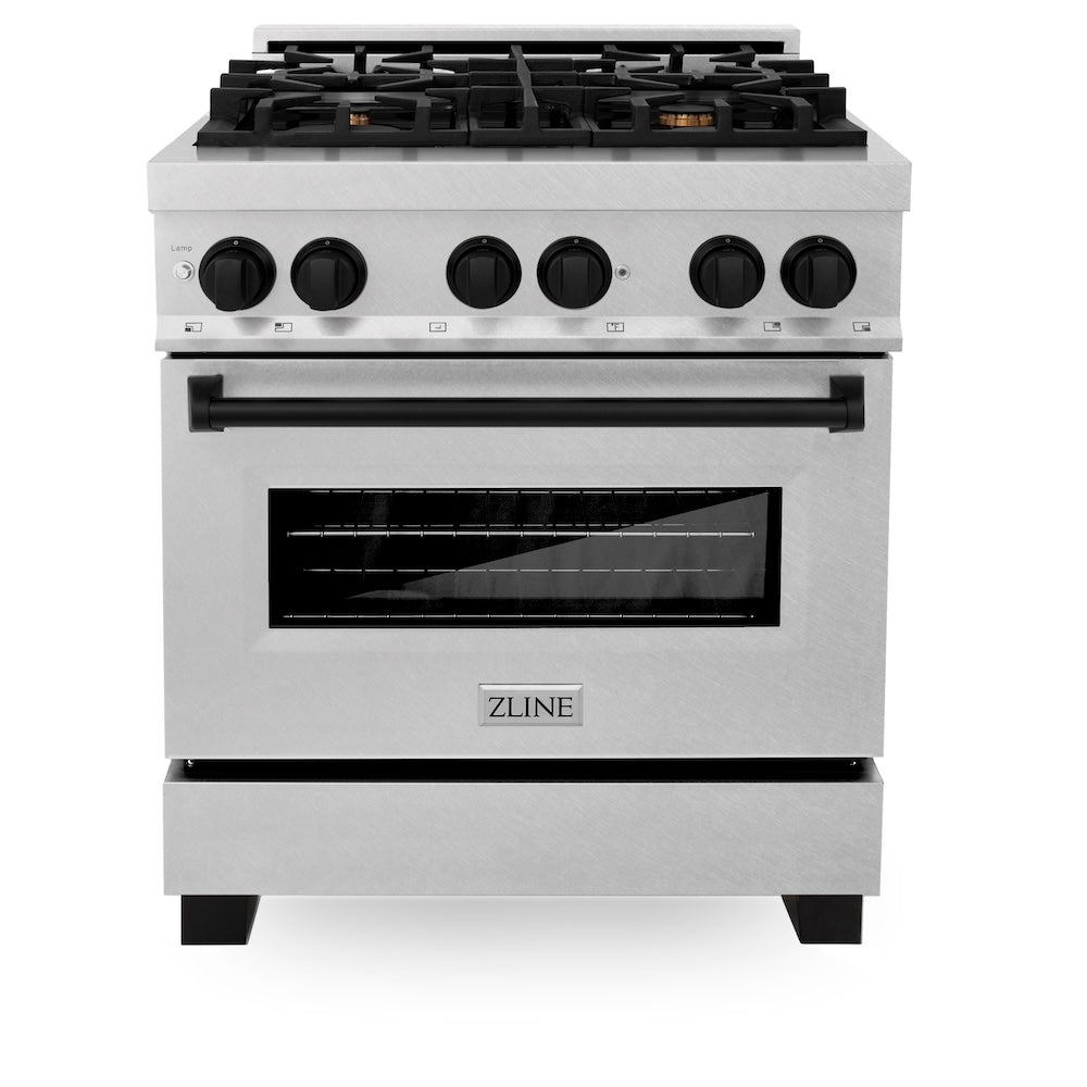 ZLINE Autograph Edition Legacy 30-inch range in satin stainless steel and matte black accents RASZ-SN-30-MB, front view
