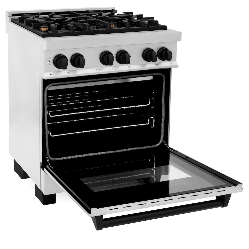 ZLINE Autograph Edition Legacy 30-inch range in satin stainless steel and matte black accents RASZ-SN-30-MB, door open