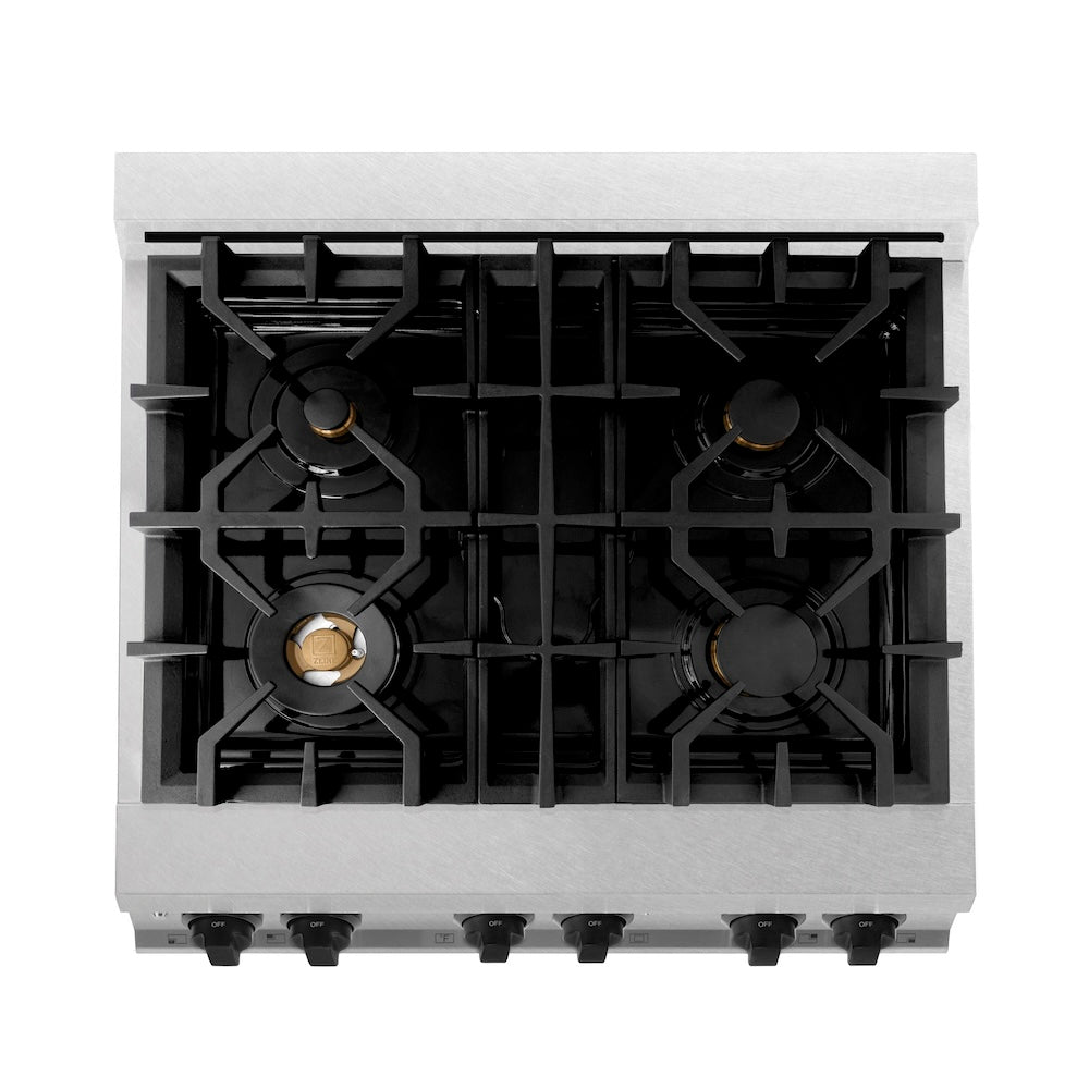 ZLINE Autograph Edition Legacy 30-inch range in satin stainless steel and matte black accents RASZ-SN-30-MB, from above