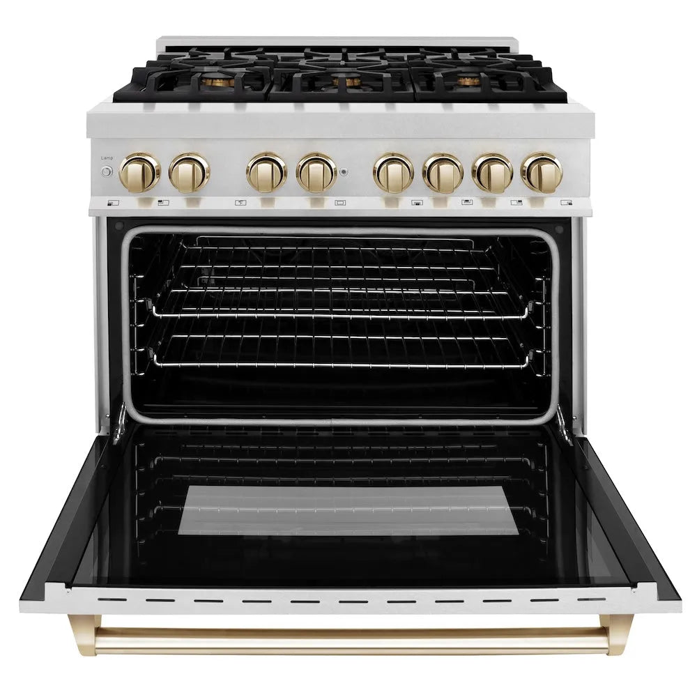 ZLINE Autograph Edition Legacy 36-inch range in satin stainless steel and polished gold accents RASZ-SN-36-G, front view