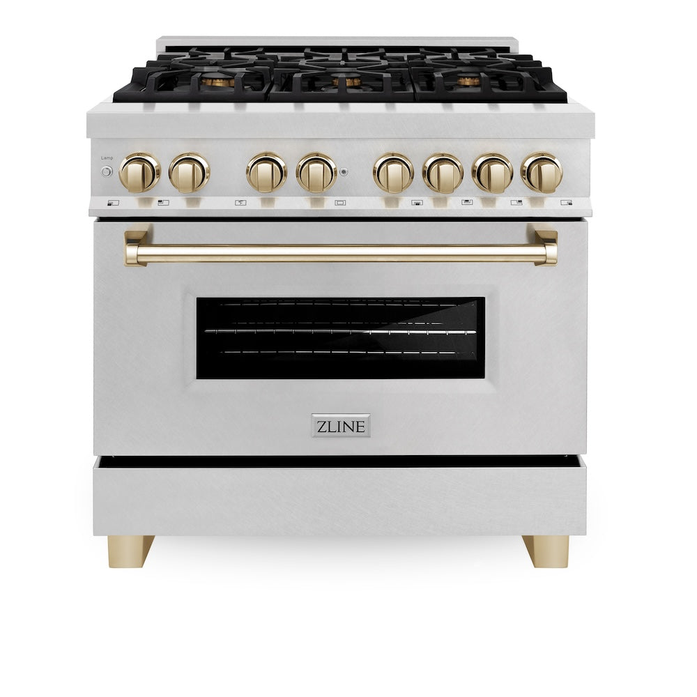 ZLINE Autograph Edition Legacy 36-inch range in satin stainless steel and polished gold accents RASZ-SN-36-G, front view