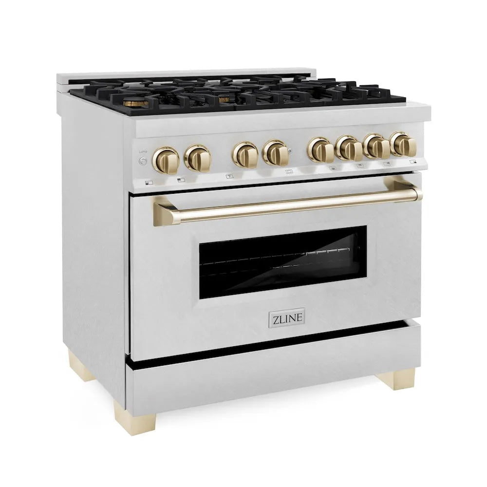 ZLINE Autograph Edition Legacy 36-inch range in satin stainless steel and polished gold accents RASZ-SN-36-G