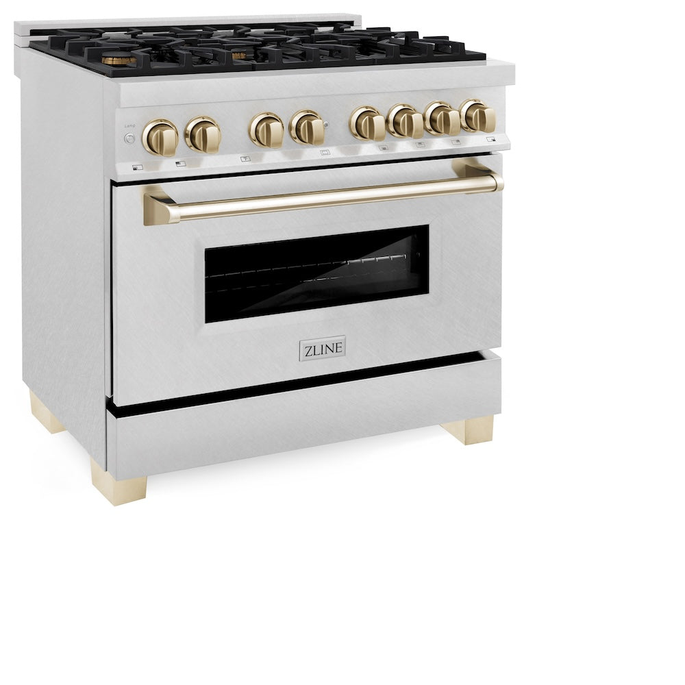 ZLINE Autograph Edition Legacy 36-inch range in satin stainless steel and polished gold accents RASZ-SN-36-G, view 6