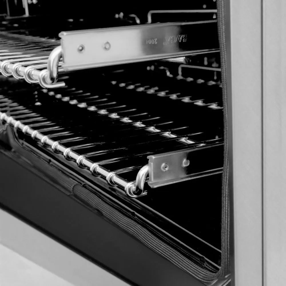 ZLINE Autograph Edition Legacy 36-inch range in satin stainless steel and matte black accents RASZ-SN-36-MB, side view