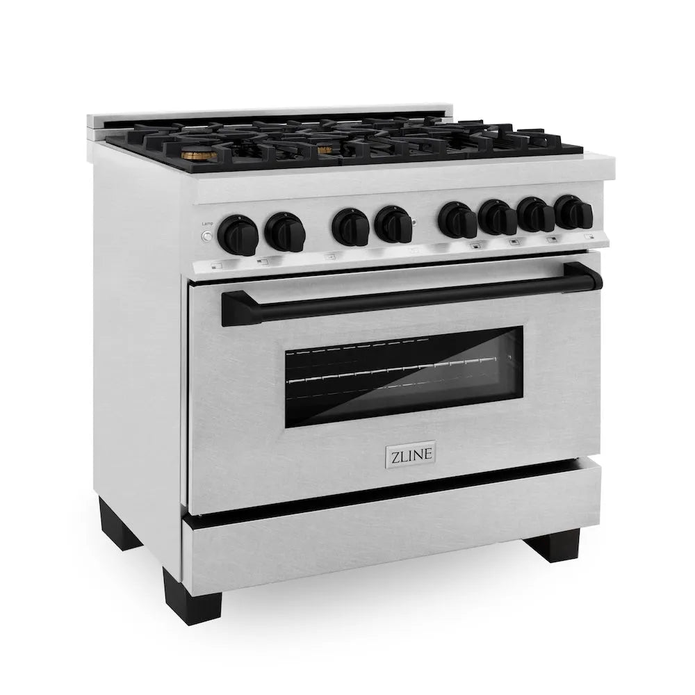 ZLINE Autograph Edition Legacy 36-inch range in satin stainless steel and matte black accents RASZ-SN-36-MB