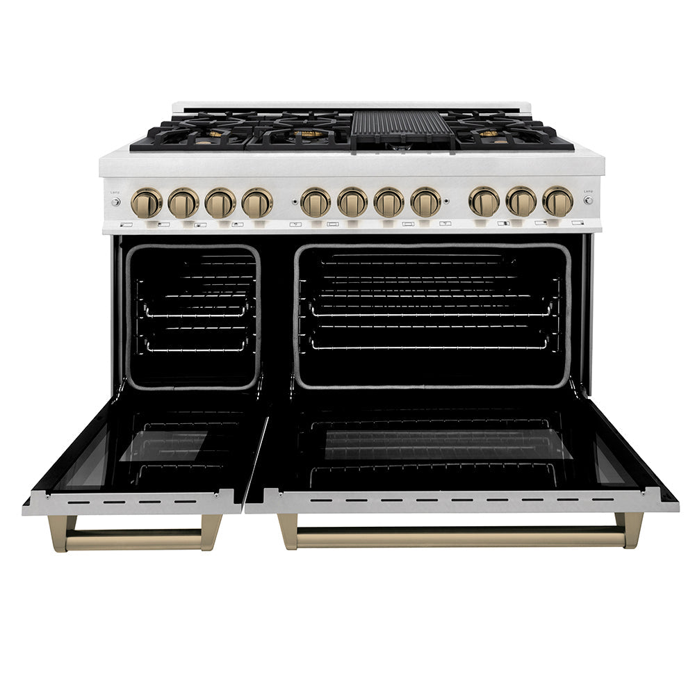 ZLINE Autograph Edition Legacy 48-inch range in satin stainless steel and champagne bronze accents RASZ-SN-48-CB, front view
