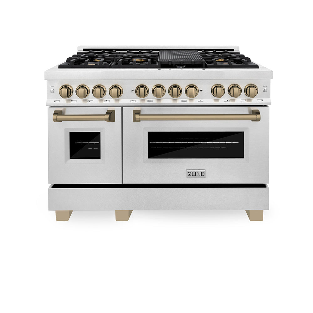 ZLINE Autograph Edition Legacy 48-inch range in satin stainless steel and champagne bronze accents RASZ-SN-48-CB, front view
