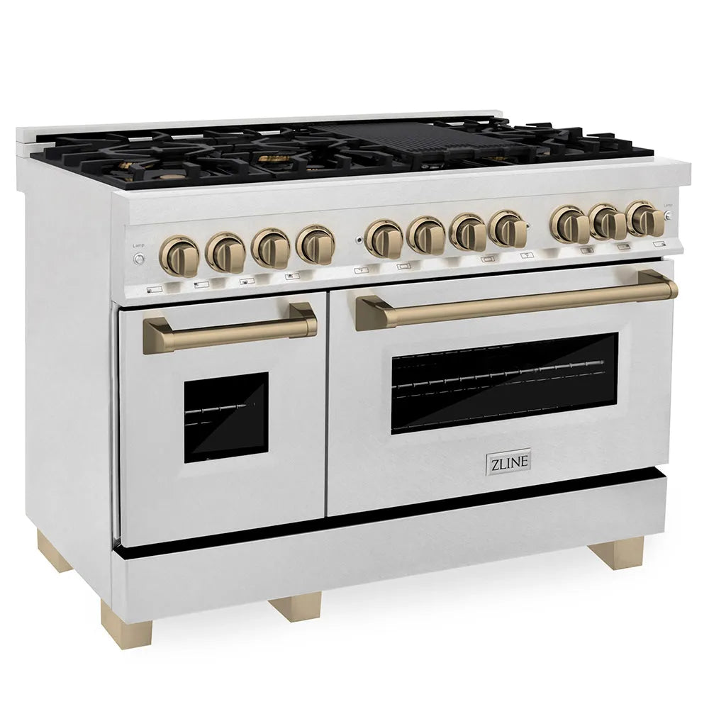 ZLINE Autograph Edition Legacy 48-inch range in satin stainless steel and champagne bronze accents RASZ-SN-48-CB