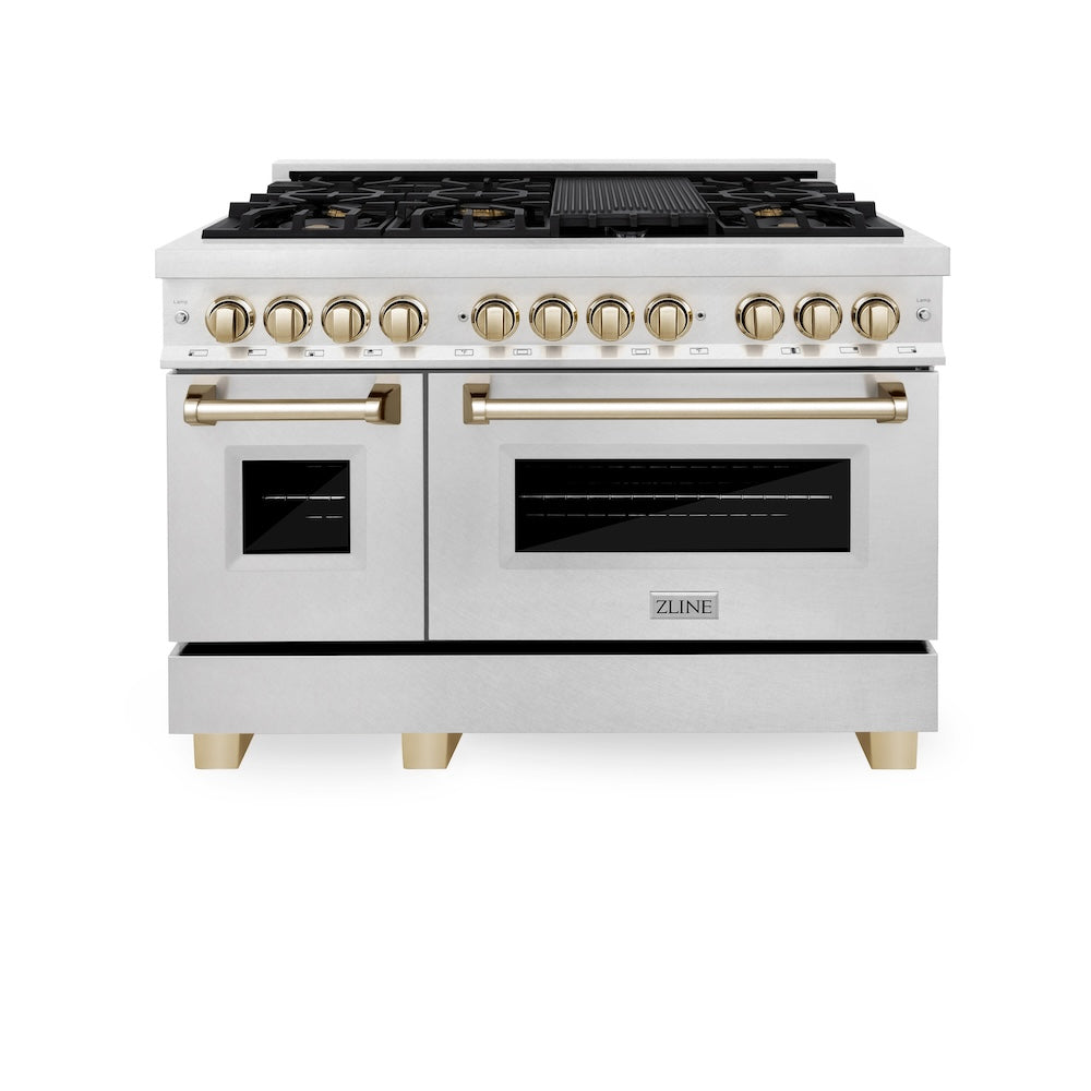 ZLINE Autograph Edition Legacy 48-inch range in satin stainless steel and polished gold accents RASZ-SN-48-G, front view