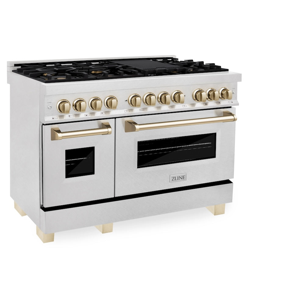ZLINE Autograph Edition Legacy 48-inch range in satin stainless steel and polished gold accents RASZ-SN-48-G, view 4