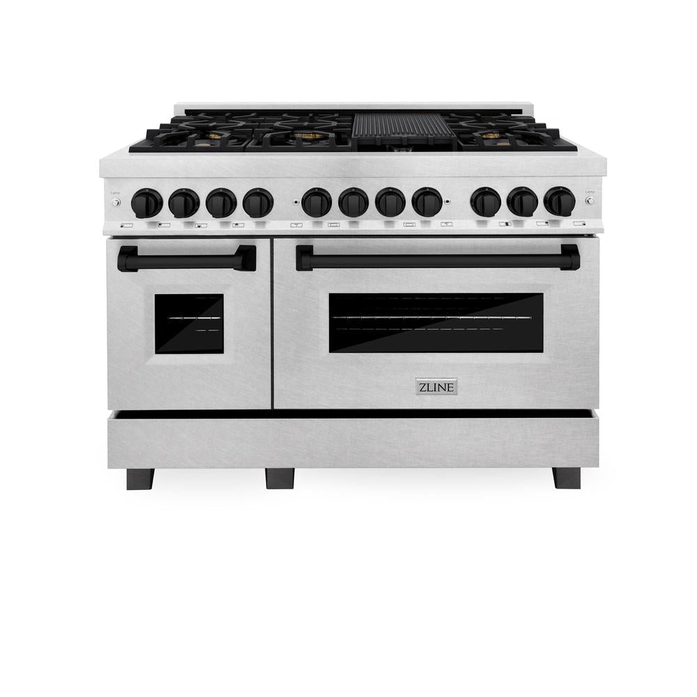 ZLINE Autograph Edition Legacy 48-inch range in satin stainless steel and matte black accents RASZ-SN-48-MB, front view