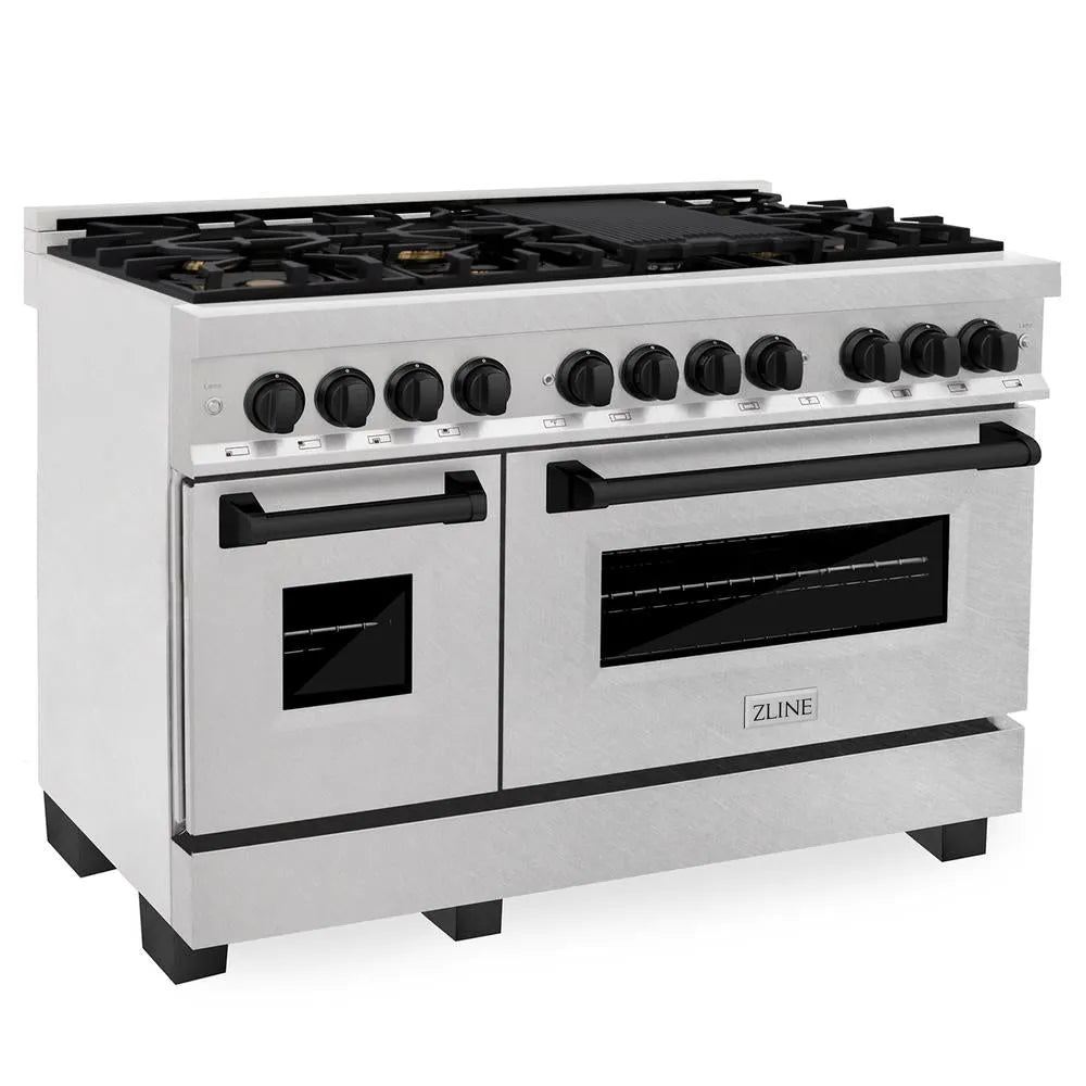 ZLINE Autograph Edition Legacy 48-inch range in satin stainless steel and matte black accents RASZ-SN-48-MB