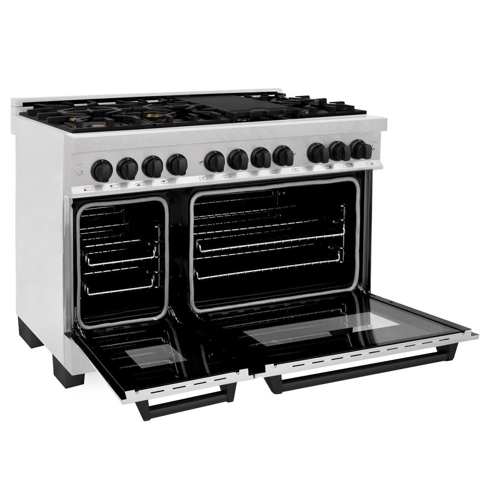 ZLINE Autograph Edition Legacy 48-inch range in satin stainless steel and matte black accents RASZ-SN-48-MB, door open