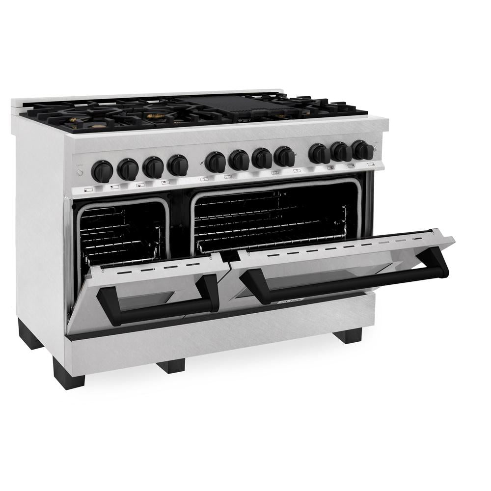 ZLINE Autograph Edition Legacy 48-inch range in satin stainless steel and matte black accents RASZ-SN-48-MB, door open