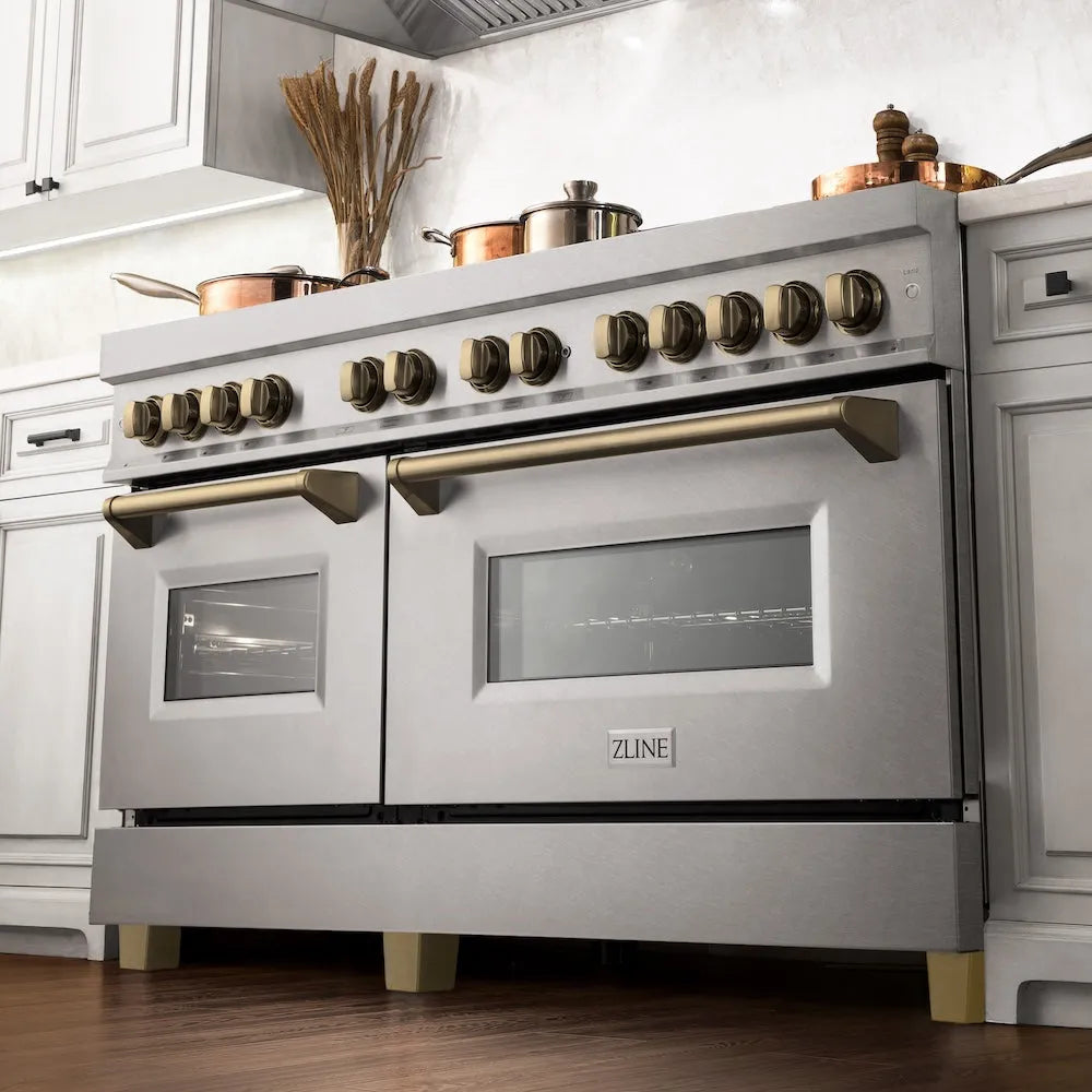 ZLINE Autograph Edition Legacy 60-inch range in satin stainless steel and champagne bronze accents RASZ-SN-60-CB, from above