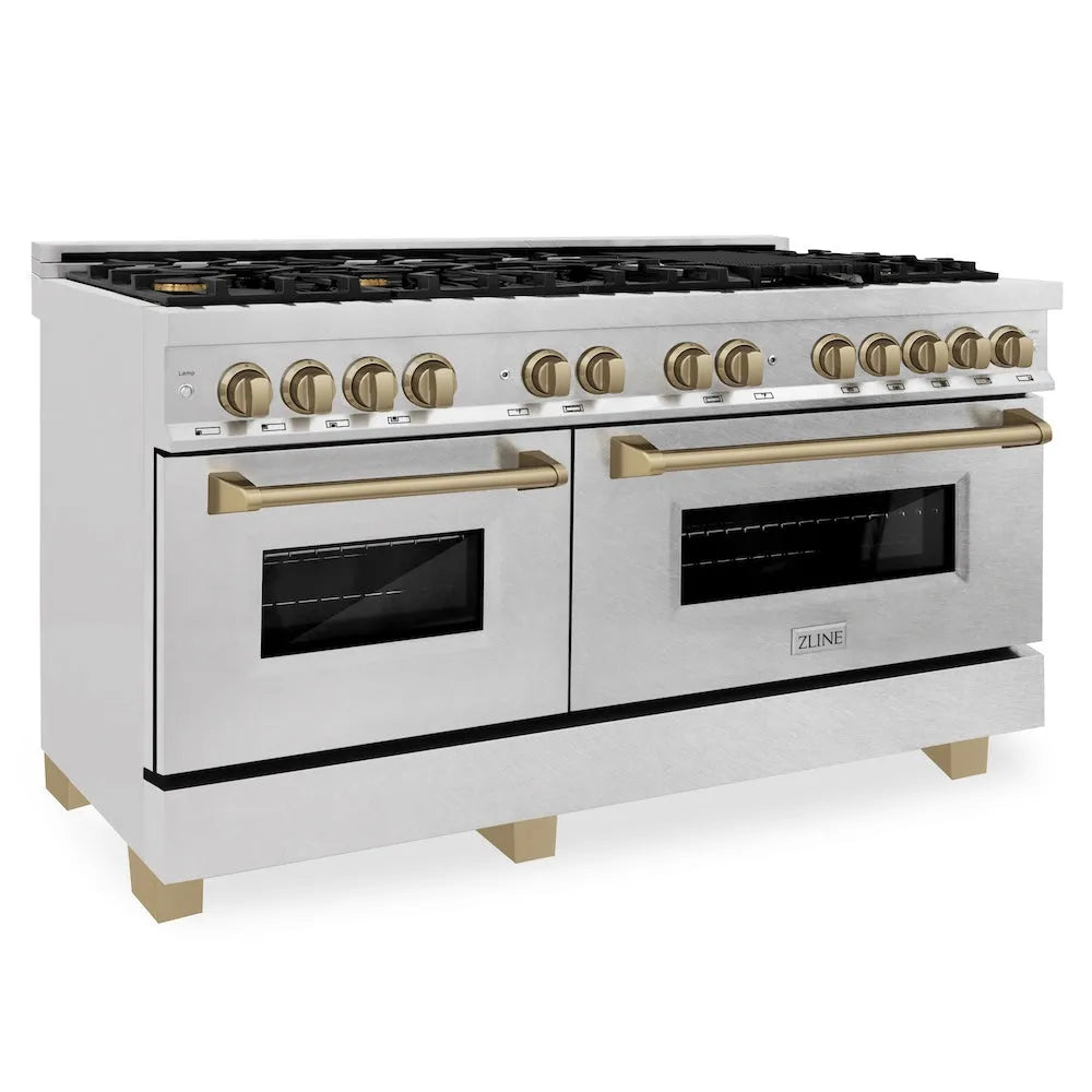 ZLINE Autograph Edition Legacy 60-inch range in satin stainless steel and champagne bronze accents RASZ-SN-60-CB