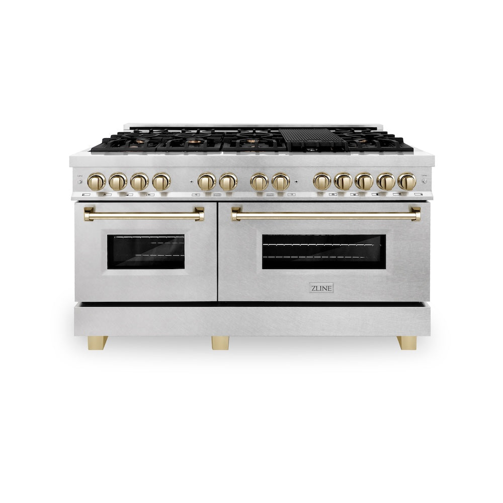 ZLINE Autograph Edition Legacy 60-inch range in satin stainless steel and polished gold accents RASZ-SN-60-G, front view