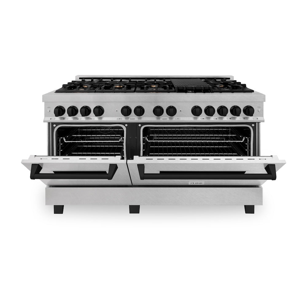 ZLINE Autograph Edition Legacy 60-inch range in satin stainless steel and matte black accents RASZ-SN-60-MB, front view