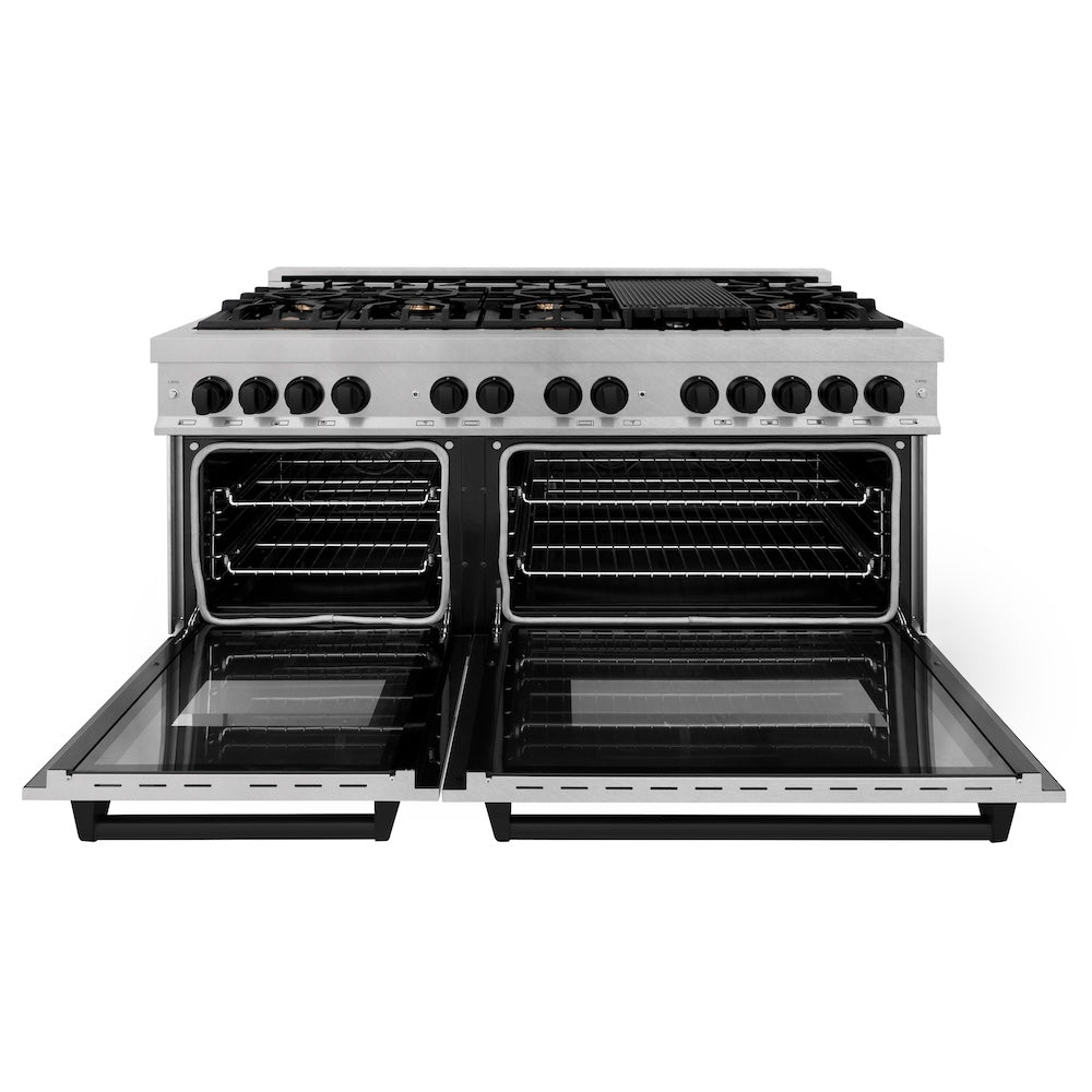 ZLINE Autograph Edition Legacy 60-inch range in satin stainless steel and matte black accents RASZ-SN-60-MB, front view