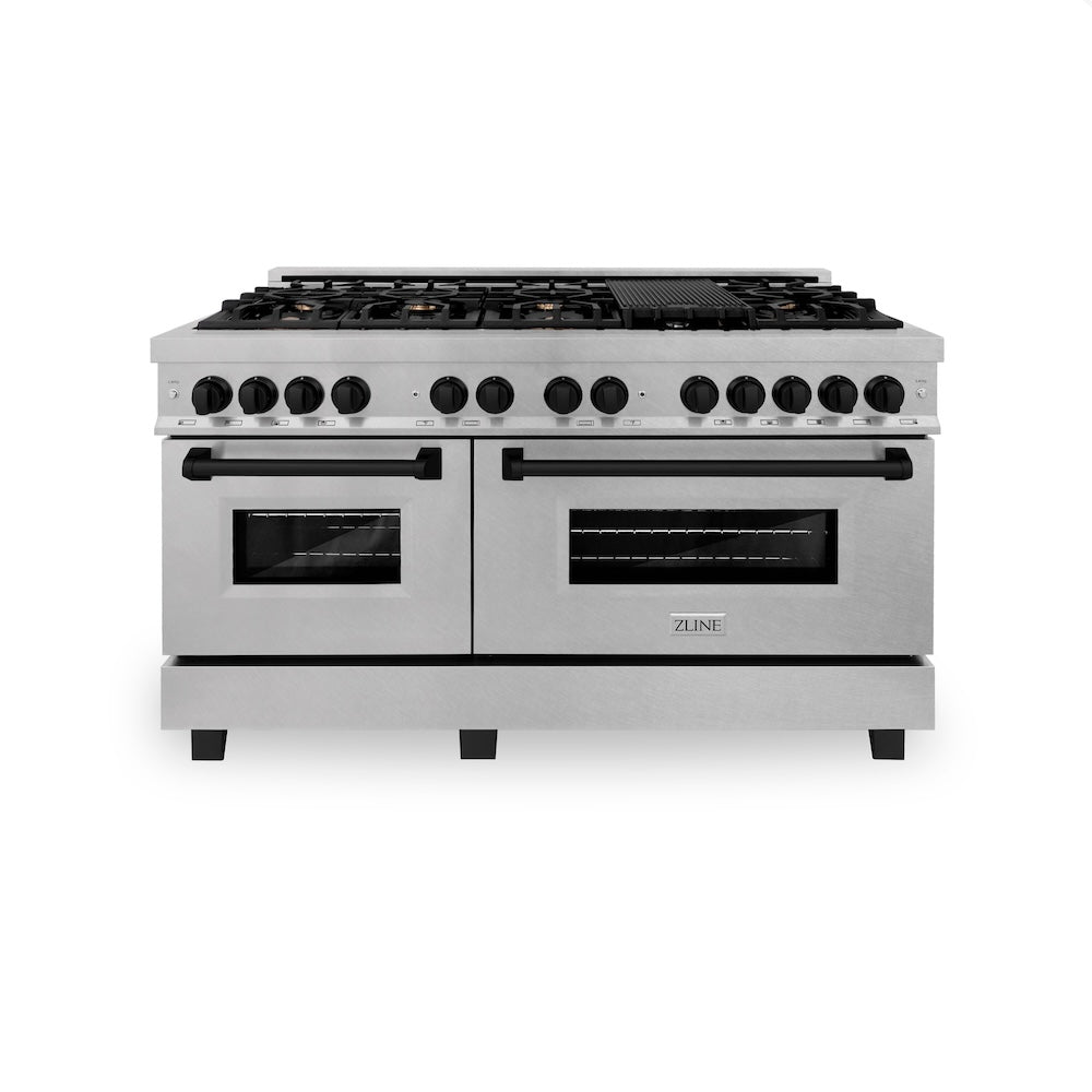 ZLINE Autograph Edition Legacy 60-inch range in satin stainless steel and matte black accents RASZ-SN-60-MB, front view