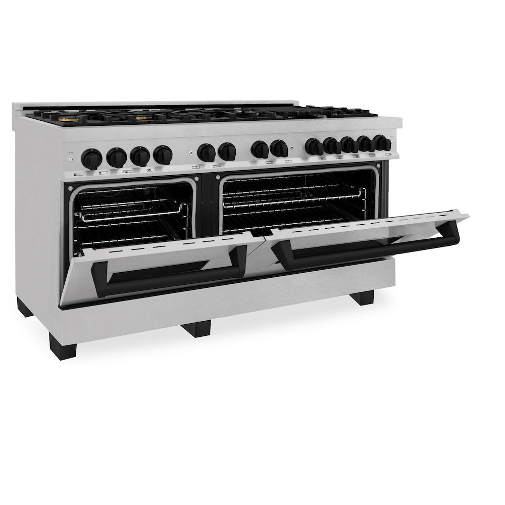 ZLINE Autograph Edition Legacy 60-inch range in satin stainless steel and matte black accents RASZ-SN-60-MB, door open