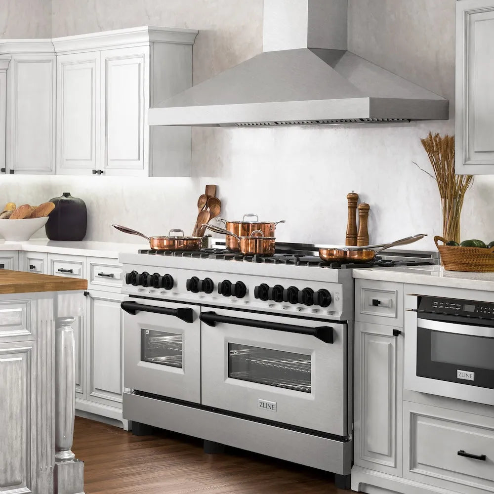 ZLINE Autograph Edition Legacy 60-inch range in satin stainless steel and matte black accents RASZ-SN-60-MB, side view