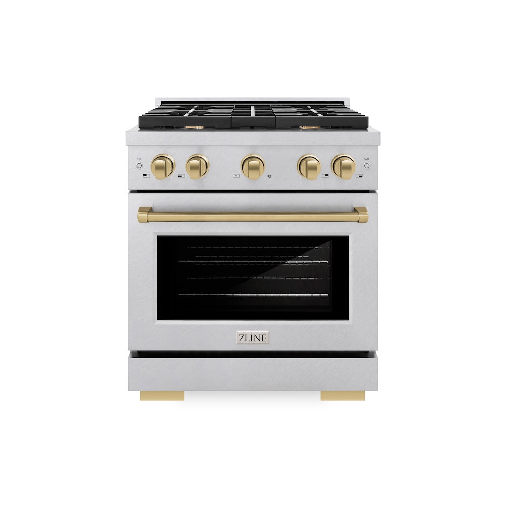 ZLINE Autograph Edition Paramount 30-inch range in satin stainless steel and champagne bronze accents SDRSZ-30-CB, front view