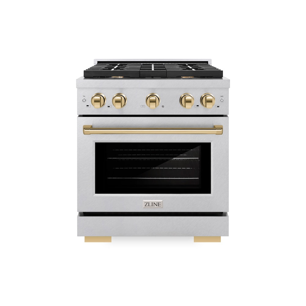 ZLINE Autograph Edition Paramount 30-inch range in satin stainless steel and polished gold accents SDRSZ-30-G, front view