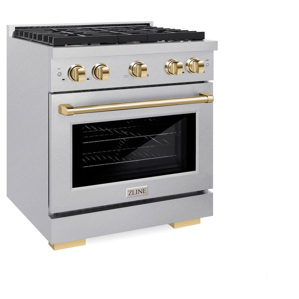 ZLINE Autograph Edition Paramount 30-inch range in satin stainless steel and polished gold accents SDRSZ-30-G, view 5