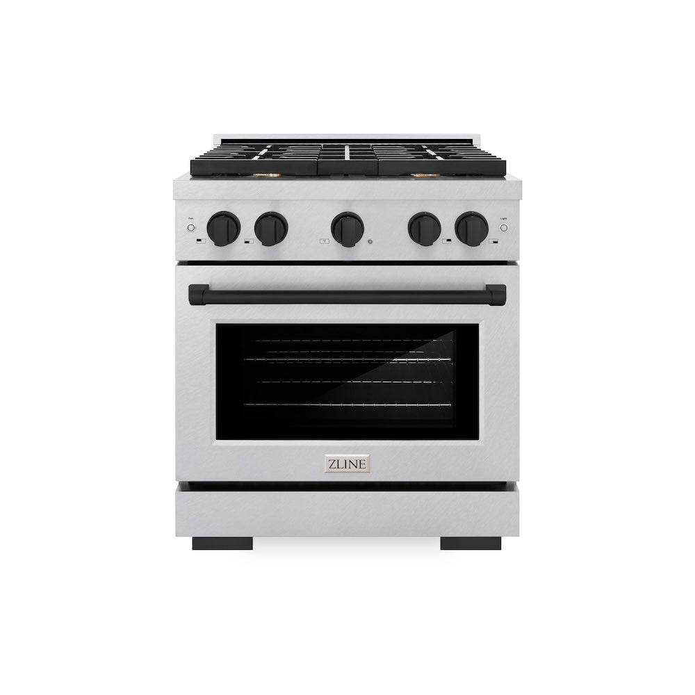 ZLINE Autograph Edition Paramount 30-inch range in satin stainless steel and matte black accents SDRSZ-30-MB, front view