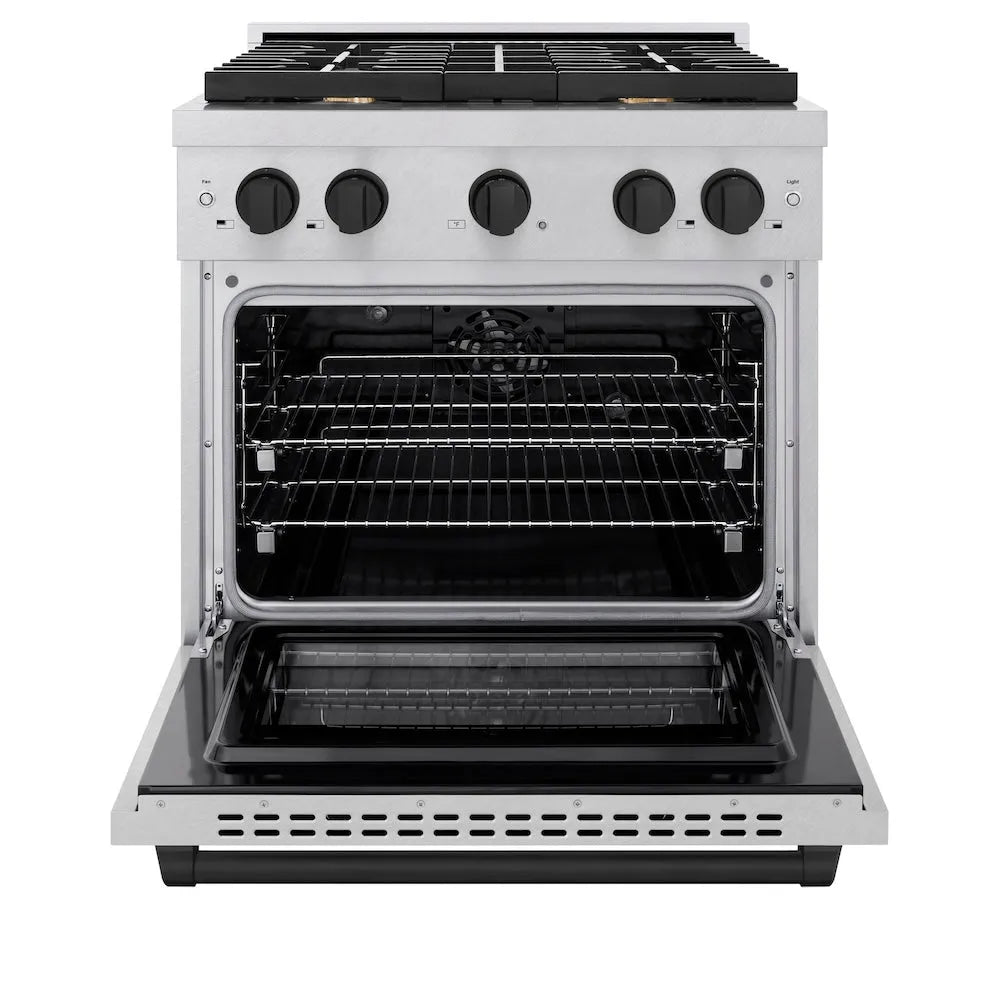 ZLINE Autograph Edition Paramount 30-inch range in satin stainless steel and matte black accents SDRSZ-30-MB, front view